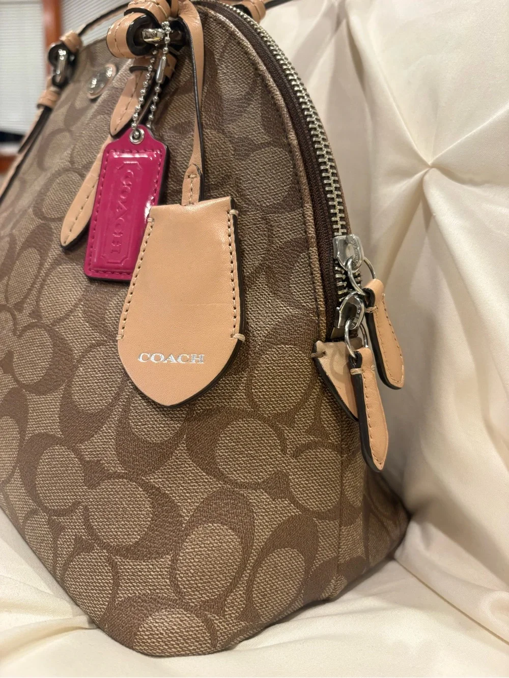 Coach Peyton Signature Cora Domed Satchel Khaki/Beige Pink Tag